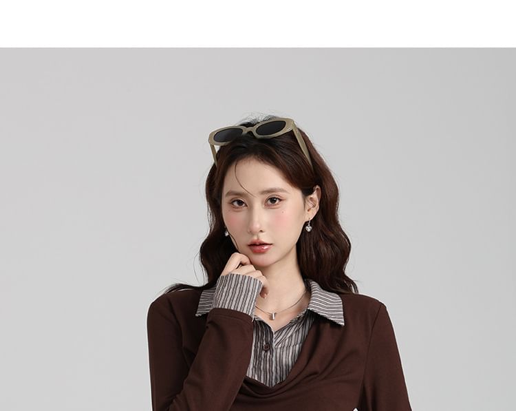 Striped Collar Mock Two-Piece Long Sleeve Tee