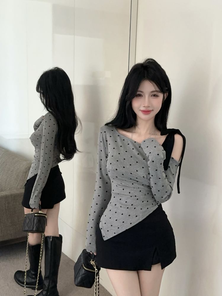 Polka Dot Cold Shoulder Ruched Asymmetrical Top