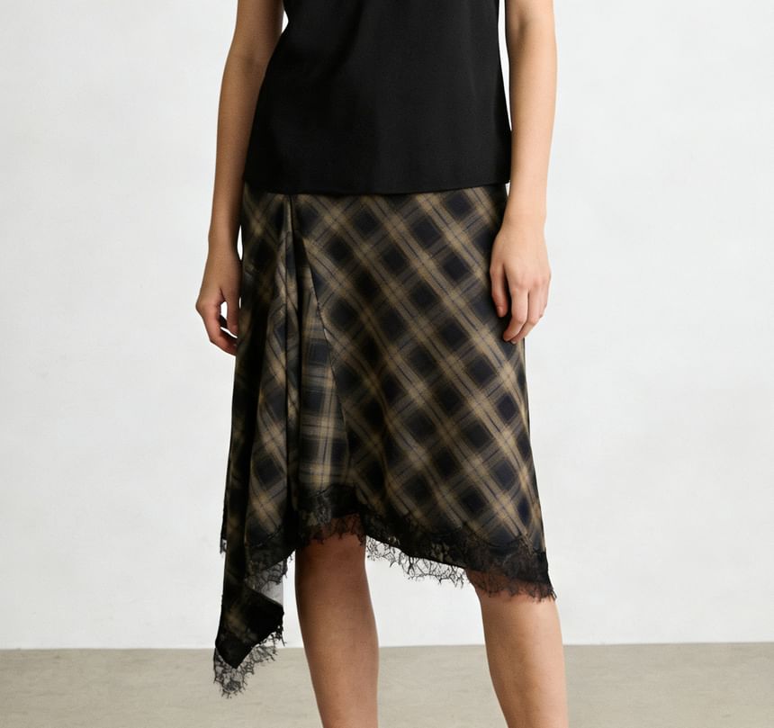 High Waist Plaid Lace-Trim Asymmetric Hem Midi Skirt