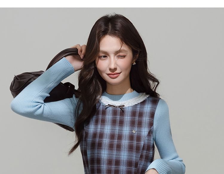 Mock Neck Knit Top or Plaid Bow Overall Dress