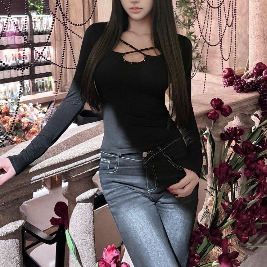 Studded Slim Crop Tee with Cutout