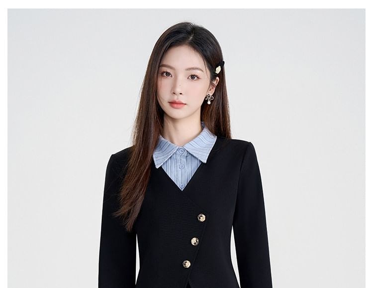 Striped Panel Button-Up Blouse & High Waist Plain Midi A-Line Skirt Set