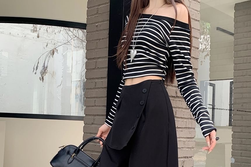 Button Detail Inset Skirt Wide Leg Pants - Mid Rise