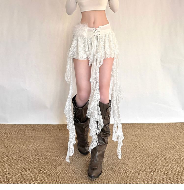 Asymmetrical Lace Mini A-Line Skirt with Fluffy Panel