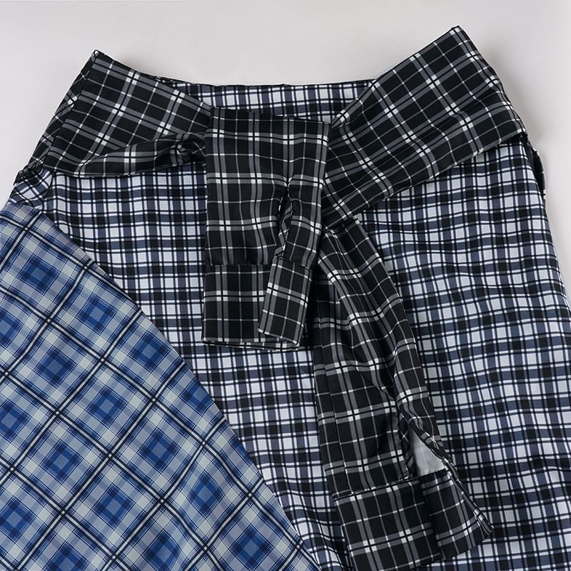 Low Rise Plaid Patchwork Asymmetrical Midi Skirt
