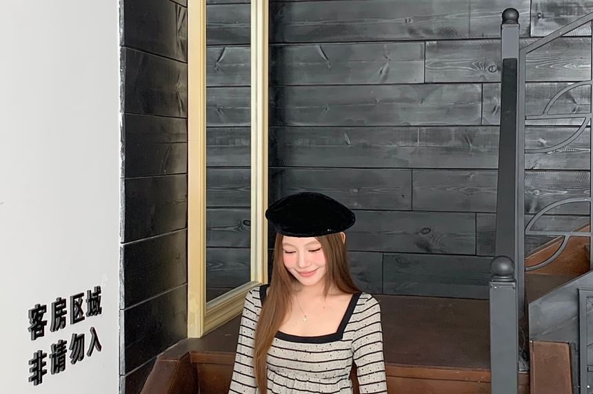 Striped Square Neck Tee with Lettuce Edge and Long Sleeves