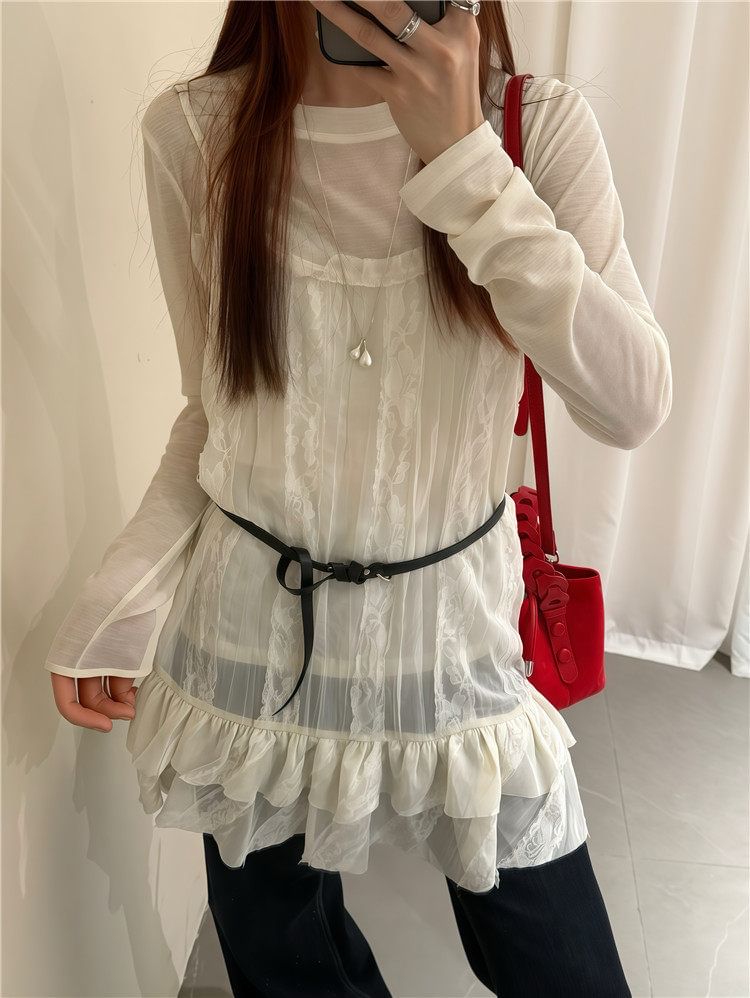 Crew Neck Sheer Tee Spaghetti Strap Lace Mini Dress