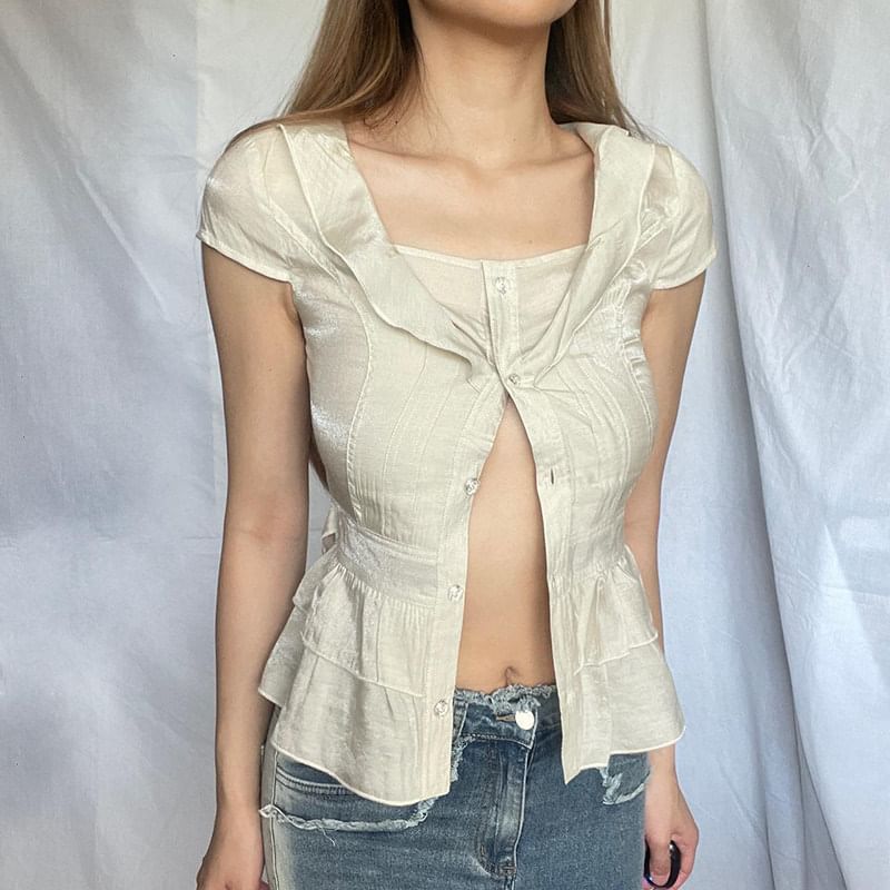 Deep Plunge Cap-Sleeve Peplum Blouse