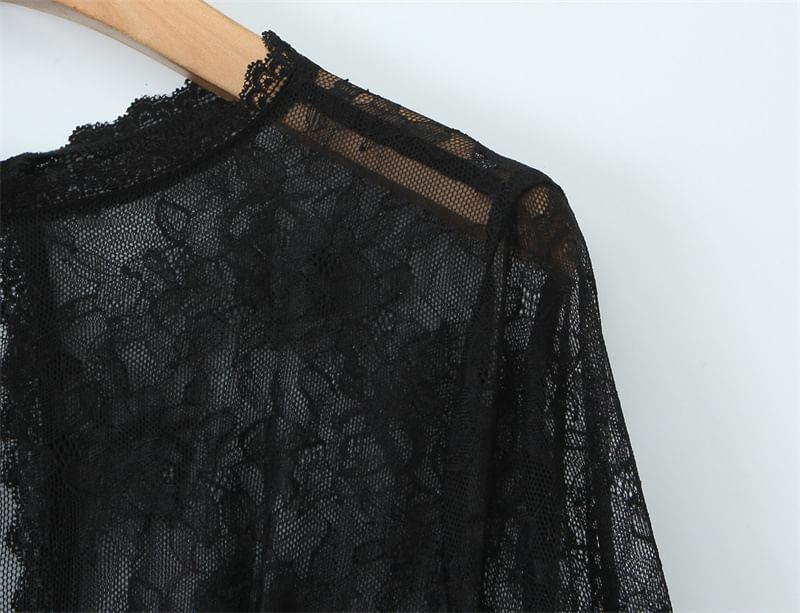 Lace Bustier Round Neck Long-Sleeve Top