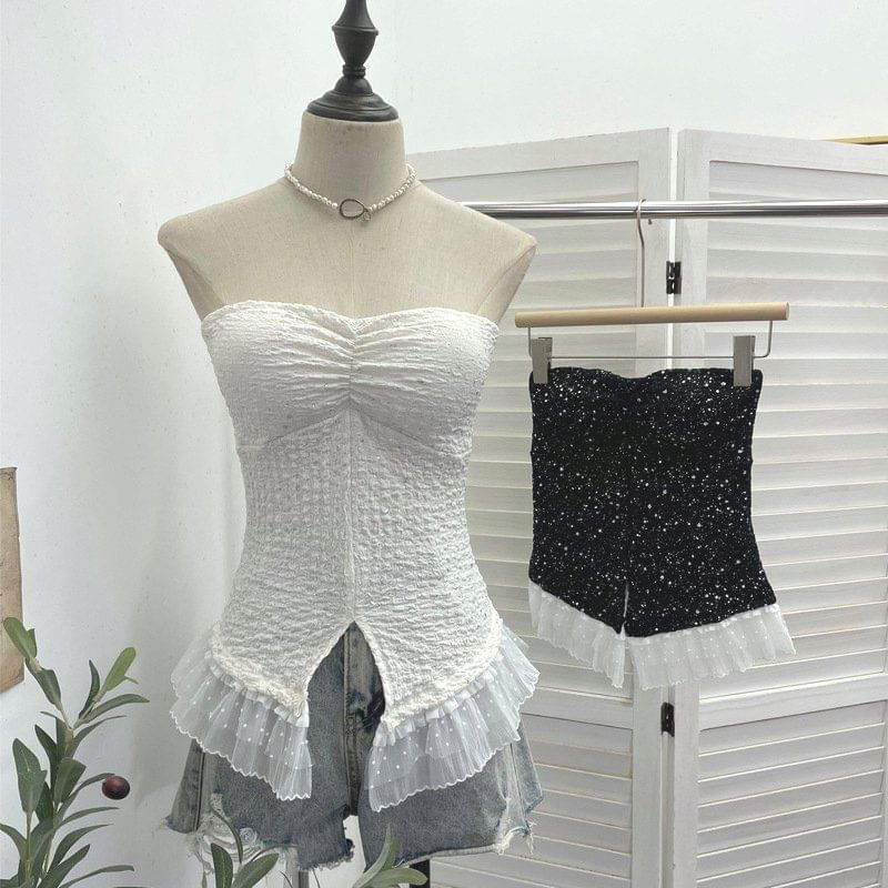 Shimmer Lace Cutout Cropped Tube Top
