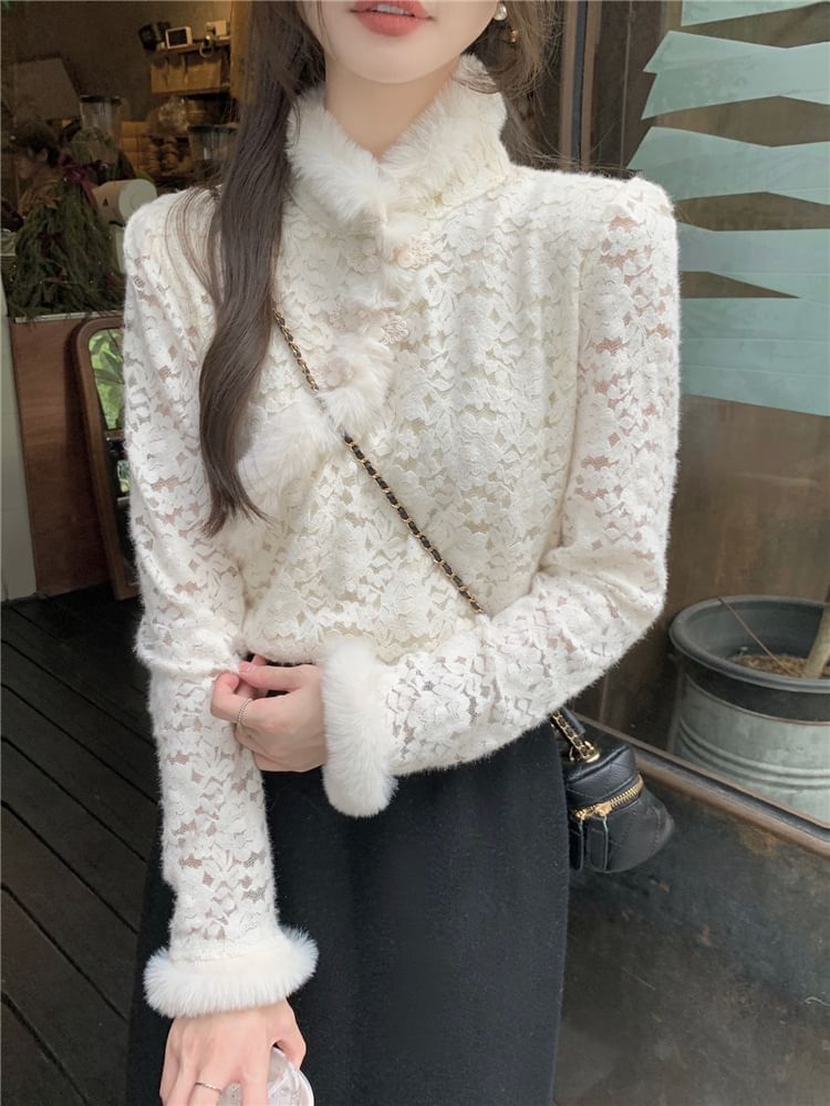 Stand Collar Fluffy Trim Frog Button Lace Blouse