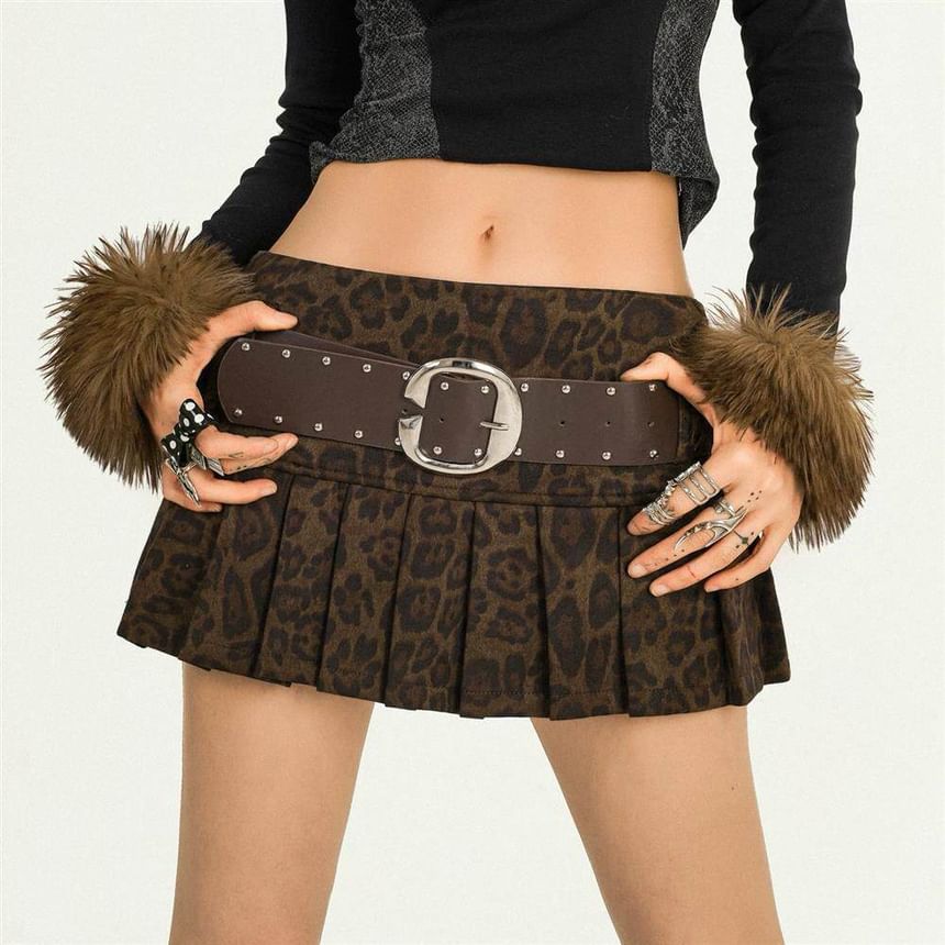 Leopard Print Low Rise Mini Pleated Skirt with Belt Set