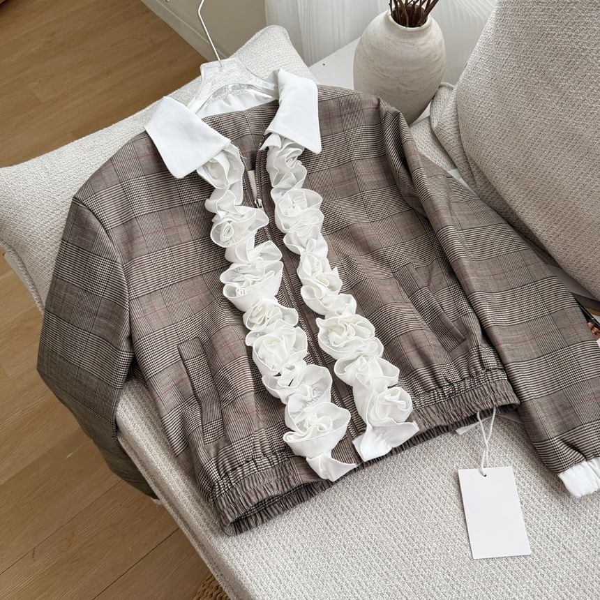 Plaid Contrast Trim Ruffle Jacket & Pleated Mini Skirt Set