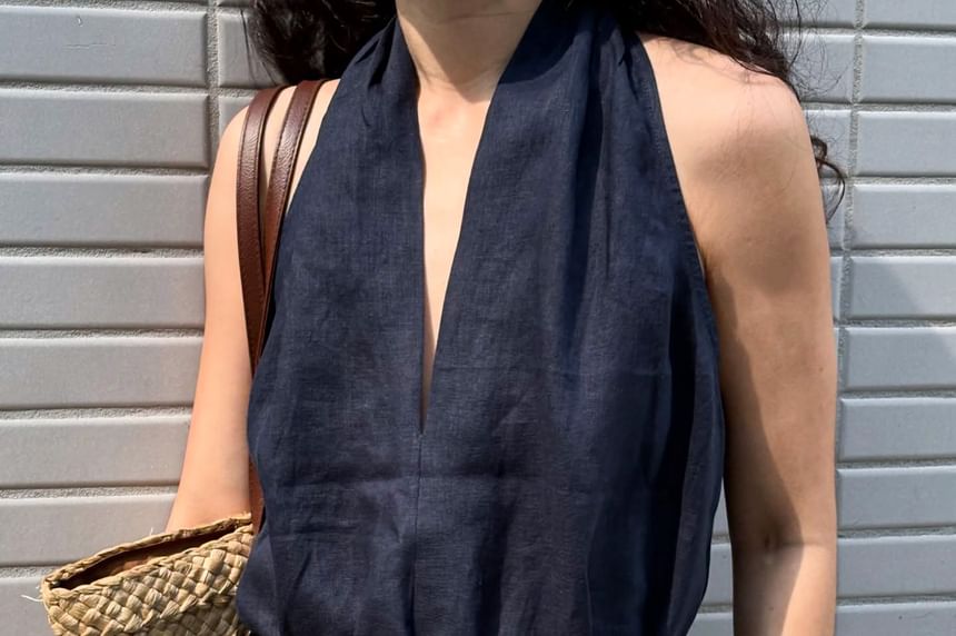 Plunged Halter Peplum Top with Tie Waist