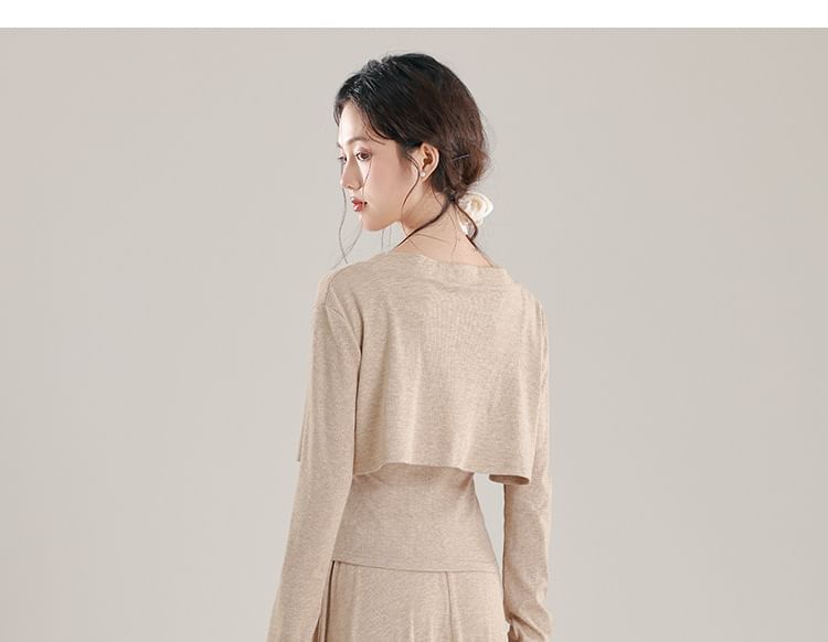 Set: Plain Open Front Crop Cardigan + Asymmetrical Ruched Camisole Top + High Waist Midi A-Line Skirt
