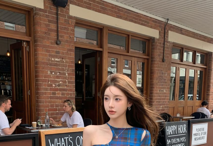 Long Sleeve Off-Shoulder Plaid Asymmetrical Cutout Cropped Top