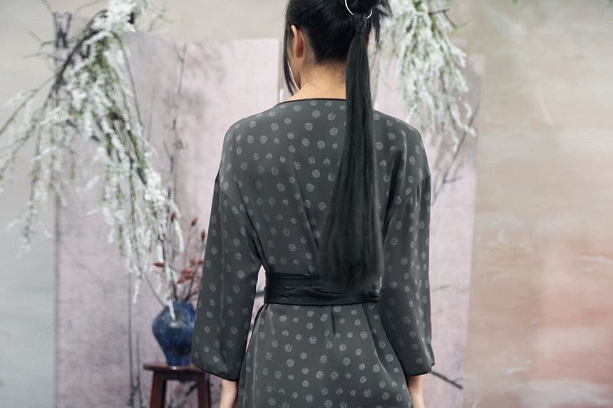 Puff-Sleeve Polka Dot Side-Slit Maxi Smock Dress