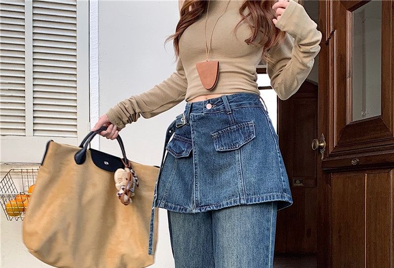 Washed Overlay Flared Denim Mini Skirt - Altfashion Shop