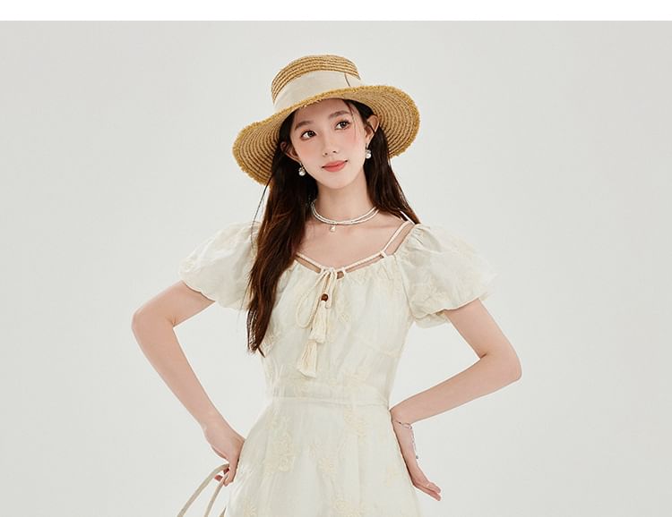 Short-Sleeve V-Neck Tasseled Plain Maxi A-Line Dress