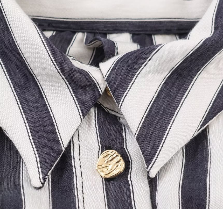 Set: Sleeveless Collared Striped Panel Button Maxi A-Line Dress + Belt