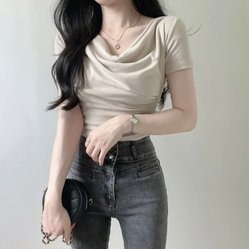 Cowl Neck Crop Short Sleeve Solid Tee