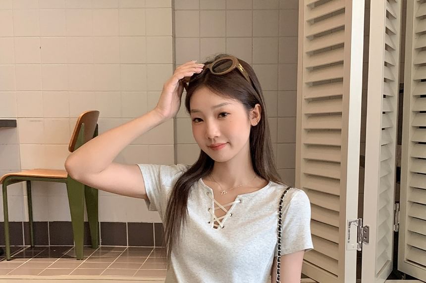 Melange Lace-Up T-Shirt with Short Sleeves