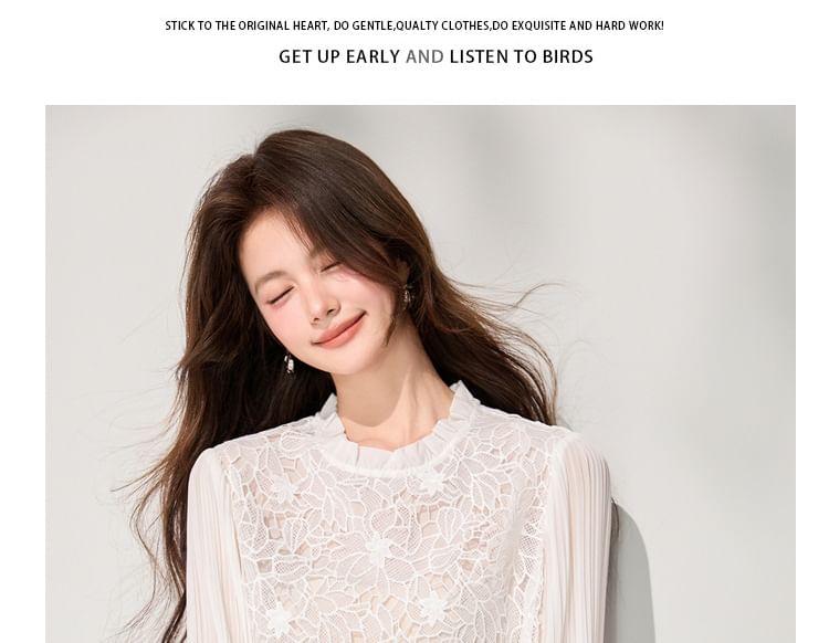 Long-Sleeve Lace Panel Ruffle Collar Blouse