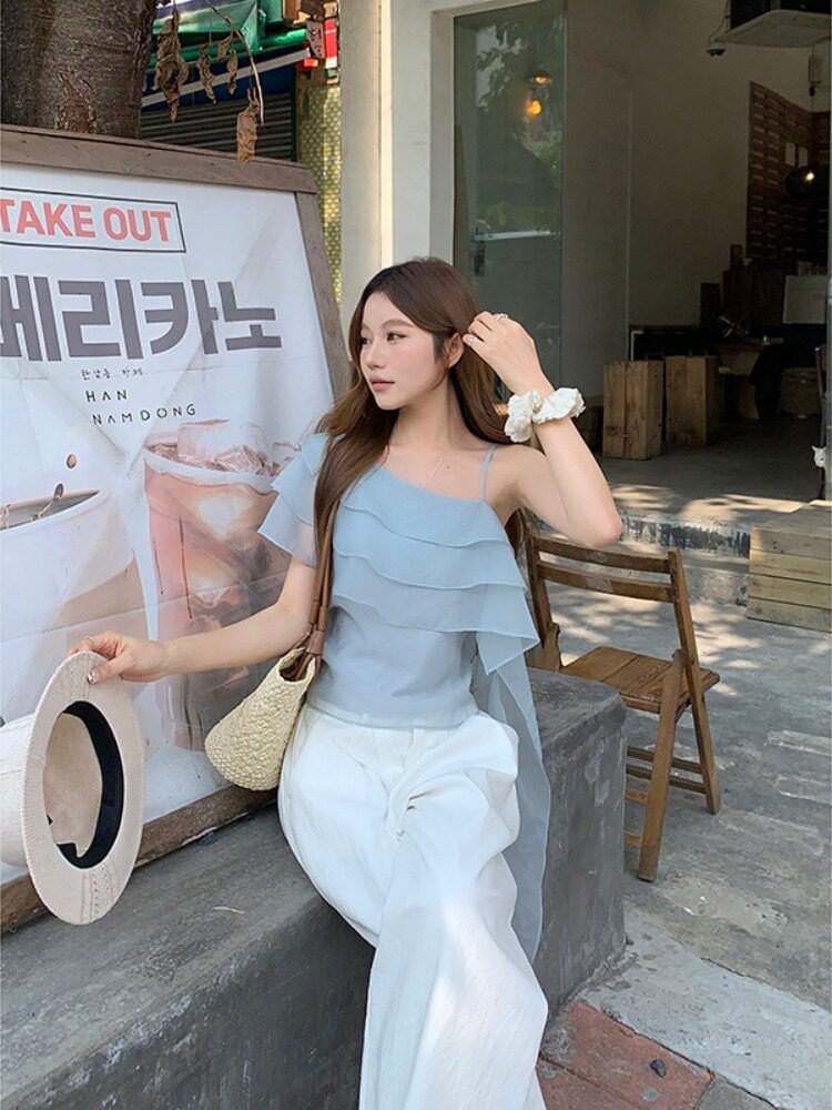 Ruffle-Trimmed One-Shoulder Sleeveless Top