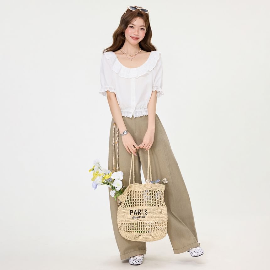 Puff-Sleeve Scoop Neck Plain Lace Trim Blouse