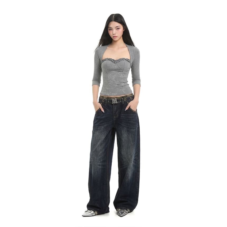 3/4-Sleeve Sweetheart Neckline Lace Panel Frill Trim Slim Fit Crop T-Shirt