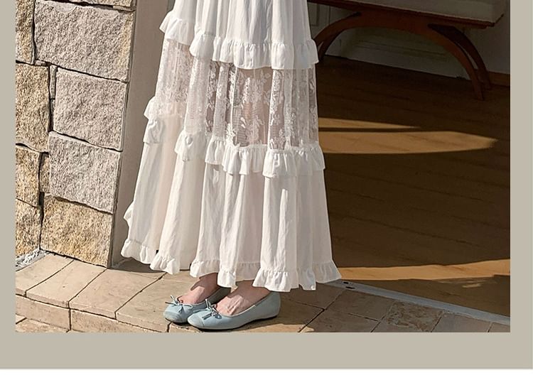 High Waist Plain Ruffle Lace Panel Maxi A-Line Skirt