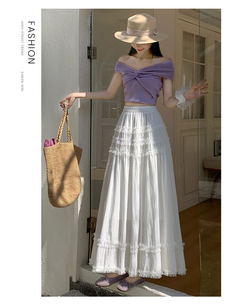 High Waist Plain Ruffle Maxi A-Line Skirt