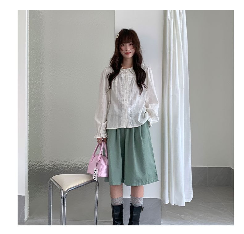 Long Sleeve Collared Plain Panel Lace Blouse