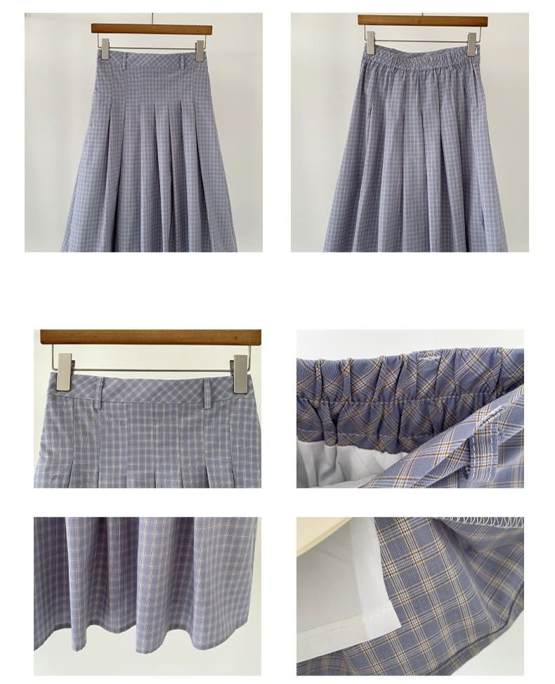 High Waist Plaid Pleated Midi A-Line Skirt