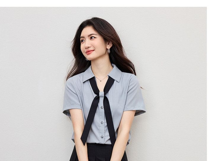 Tie Neck Collared Button Blouse Short Sleeve