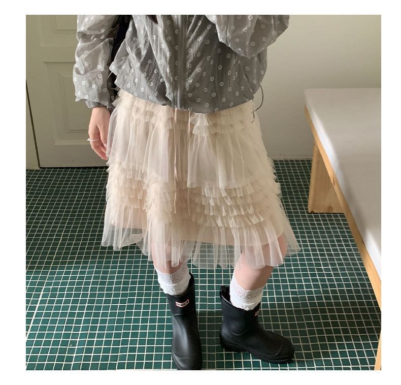 Drawstring Waist Mesh Panel Tiered Ruffle A-Line Skirt
