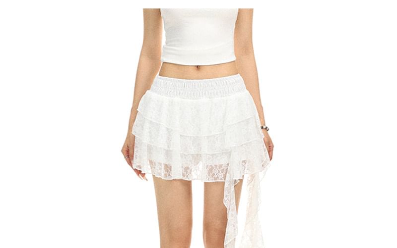 Mid Rise Plain Lace Mini Tiered Skirt
