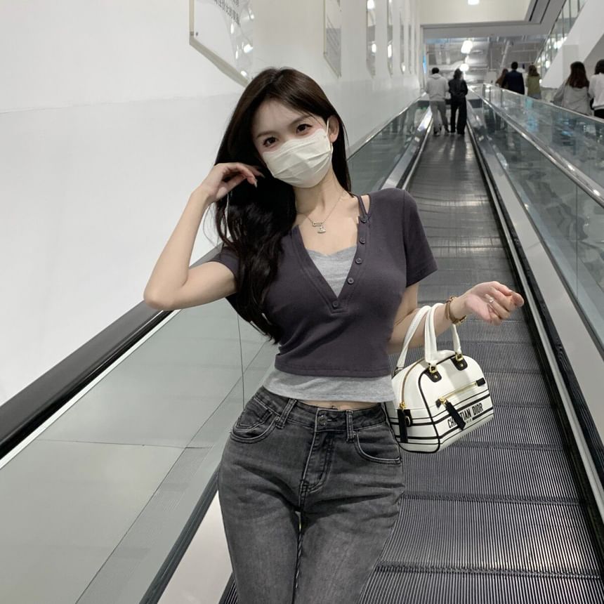 Short Sleeve V-Neck Two Piece T-Shirt