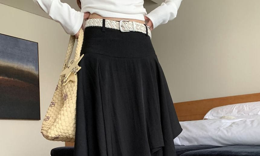 High Waist Asymmetrical Lace Panel Midi A-Line Skirt