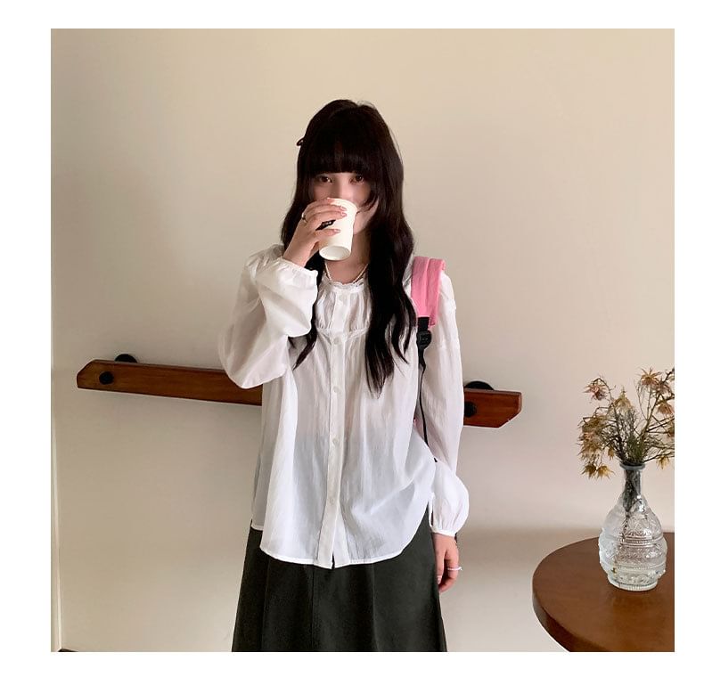 Long-Sleeve Crew Neck Lace Trim Button-Up Sheer Blouse