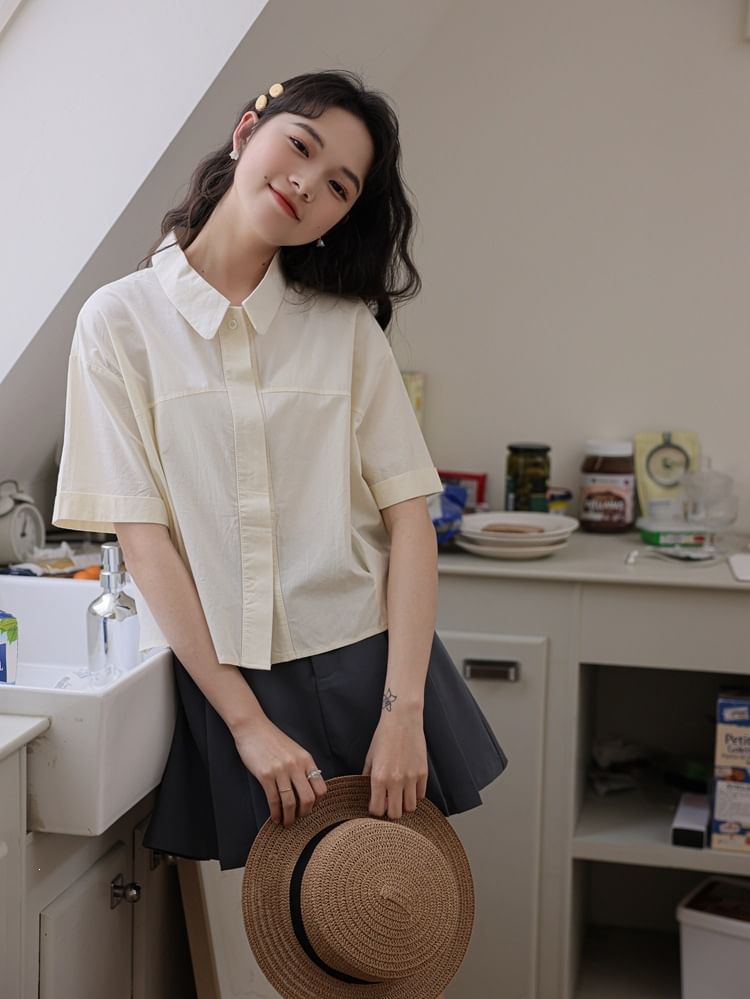 Collared Plain Button Up Short-Sleeve Crop Shirt