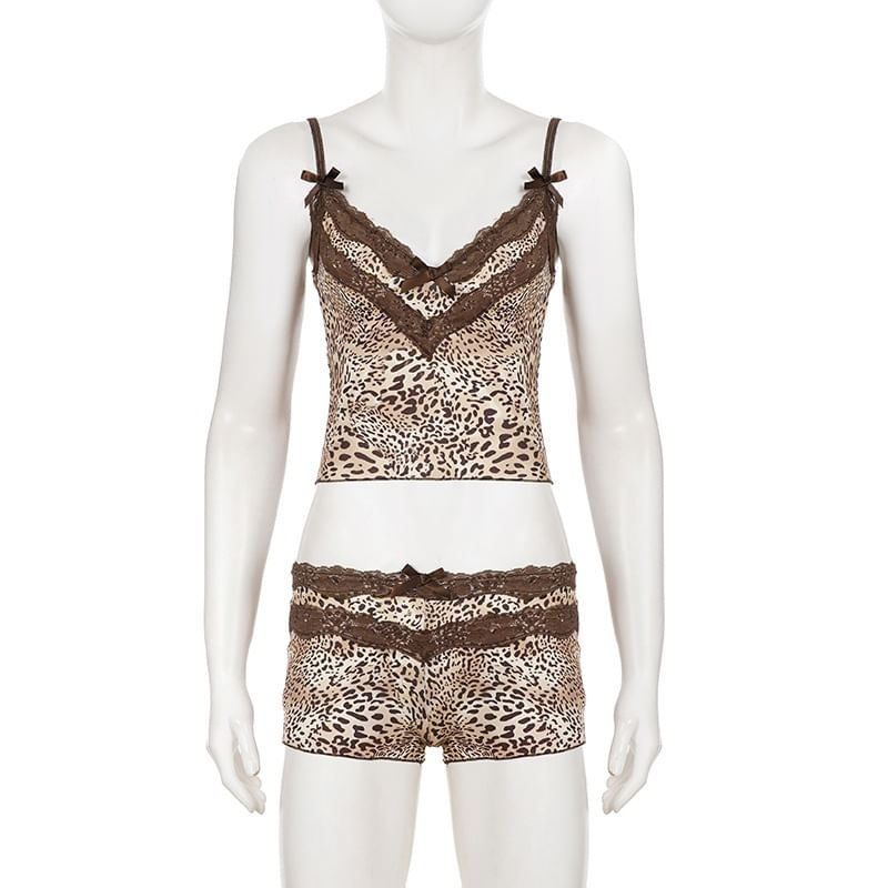 Set: Spaghetti Strap V-Neck Leopard Print Crop Camisole Top + Low Rise Shorts