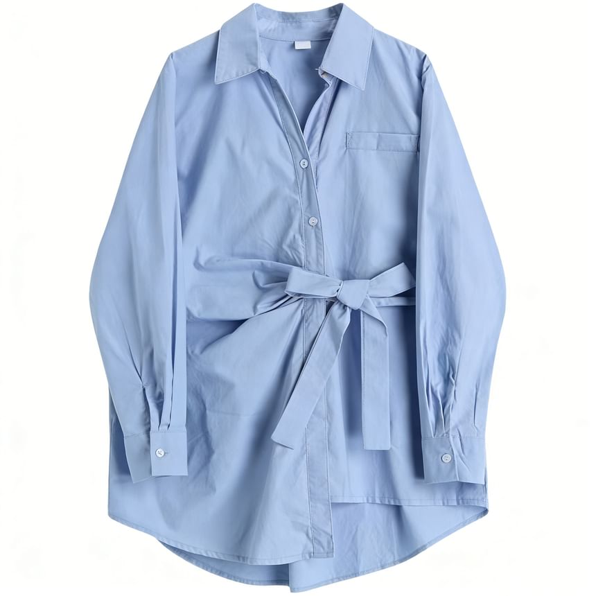 Asymmetric Button-Front Long-Sleeved Blouse with Collar