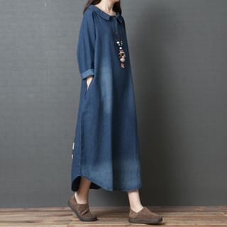 Collared Denim Long-Sleeve A-Line Maxi Gown