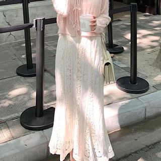 V-Neck Solid Cable Knit Tie Front Cardigan Set with Fishtail Skirt