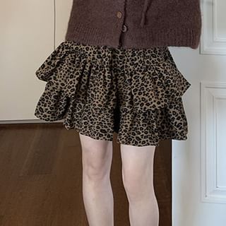 Basic Hood Cardigan Set with Leopard Mini Skirt