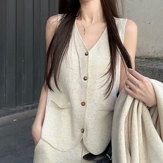 V-Neck Basic Cardigan Set with Vest and Baggy Pants