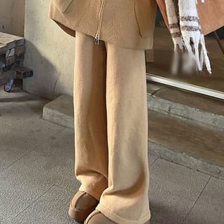Collared Basic Zip Cardigan Set with Wide Leg Pants