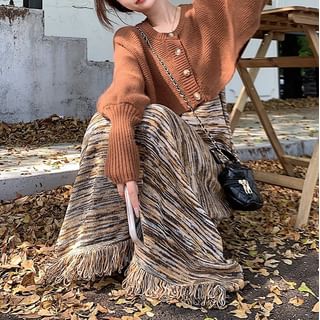 Fringed Knit Maxi Dress and Crop Cardigan Set