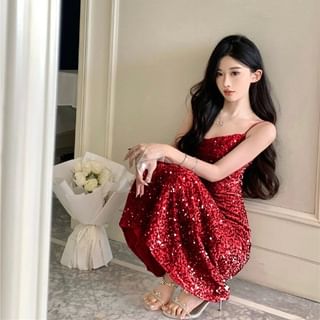 Cowl Neck Sequin Maxi A-Line Dress - Thin Strap